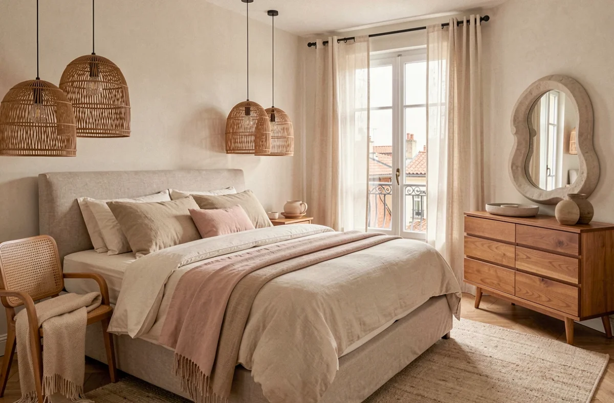 Chambre décorée par 3 Fenêtres à ma chambre à Toulouse avec literie en lin, suspensions rotin et mobilier naturel