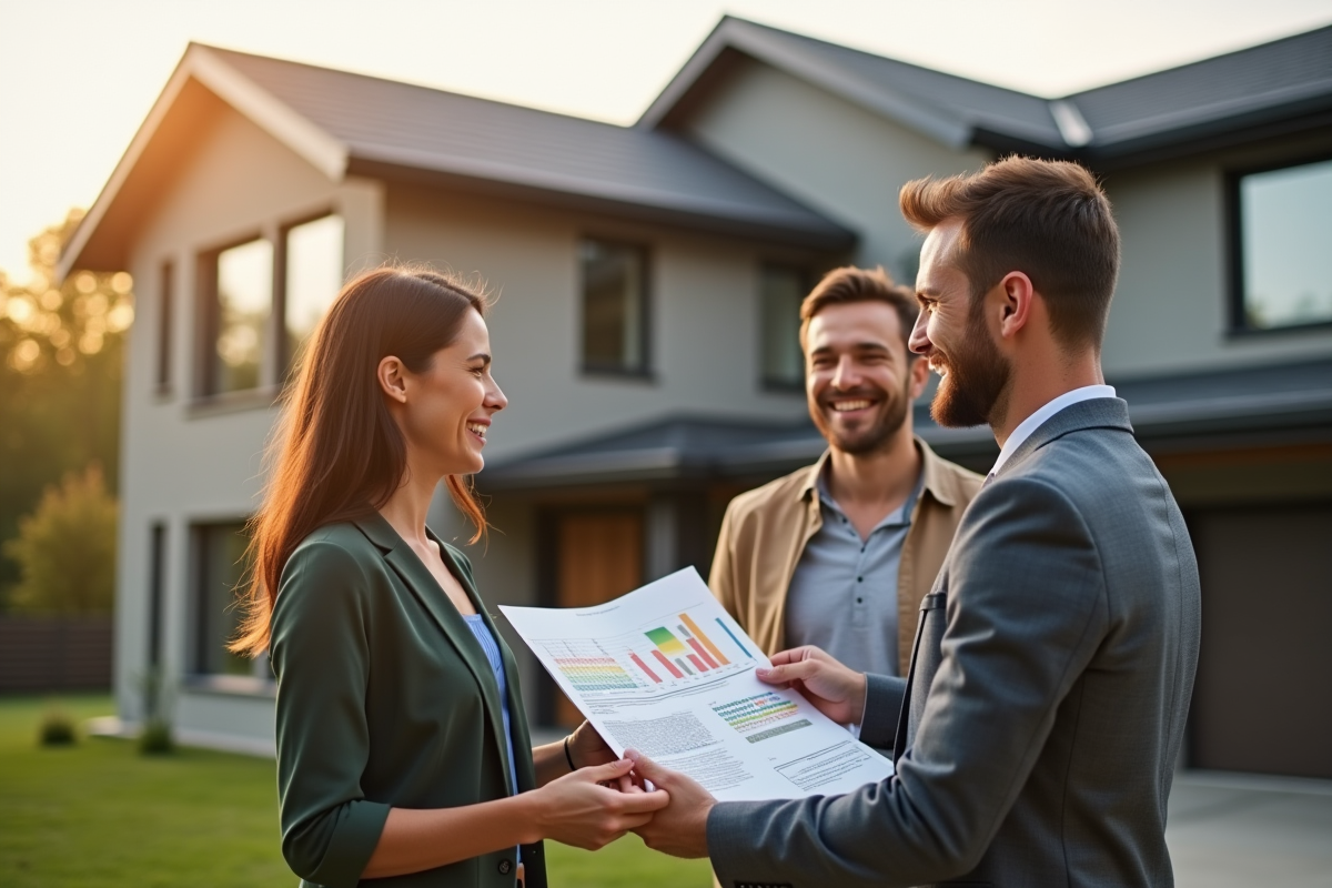 Agent immobilier souriant montrant un certificat énergie à un couple devant une maison écologique