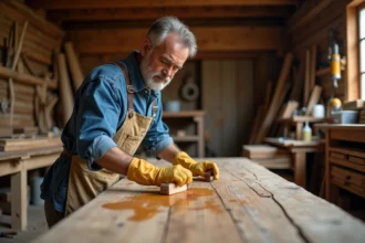 Artisan appliquant de l'acide oxalique sur un planche de chêne brut dans un atelier de menuiserie