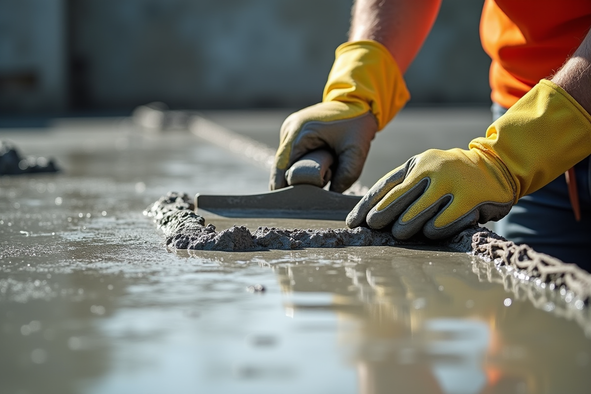 Mains en gants lissant le béton avec une truelle en extérieur