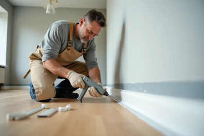 Artisan appliquant un joint acrylique blanc le long d'une plinthe dans un salon rénové avec pistolet à mastic professionnel