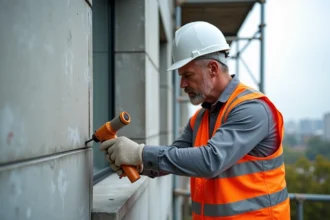 Ouvrier appliquant un mastic intumescent certifié sur la façade d'un bâtiment lors d'une rénovation, conformément aux normes d'étanchéité au feu