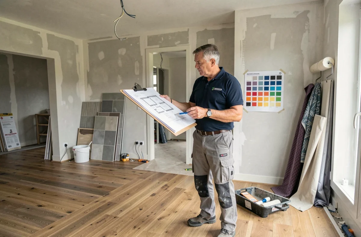 Chantier de décoration et travaux tous corps d'état ARC31 à Toulouse avec plans et matériaux en cours de pose