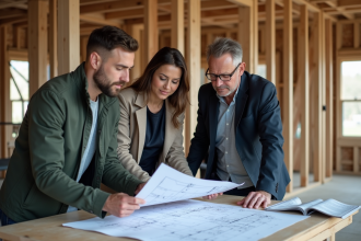 Architecte et couple examine plans sur chantier maison