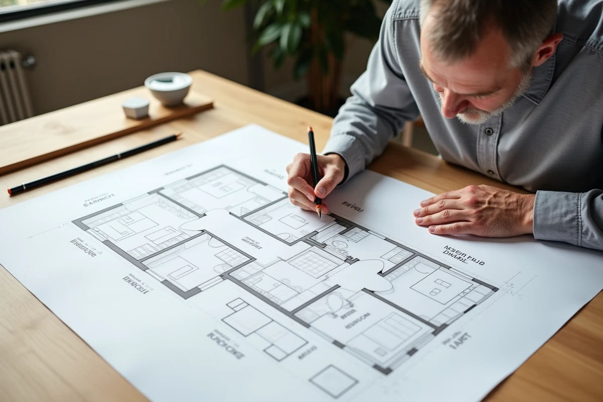 Architecte étudiant un plan de maison en L à 4 chambres sur table de travail