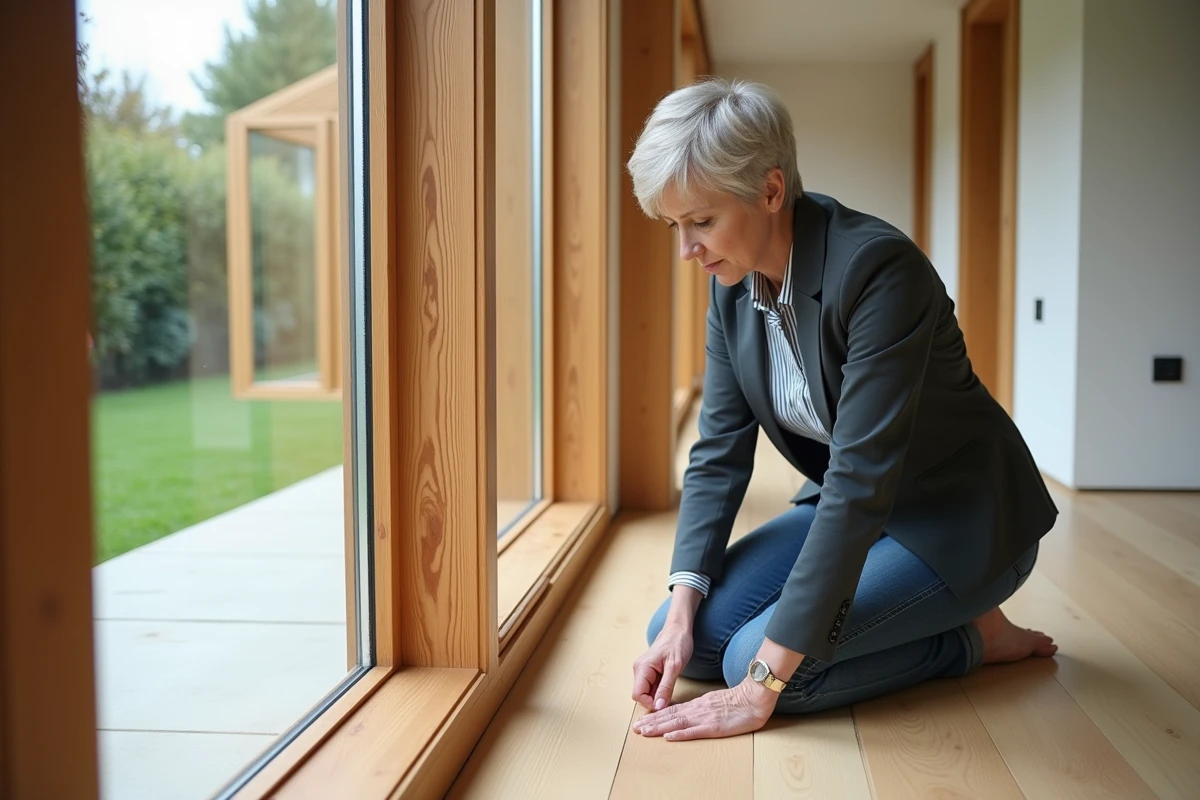 Architecte examinant une jointure de veranda en bois