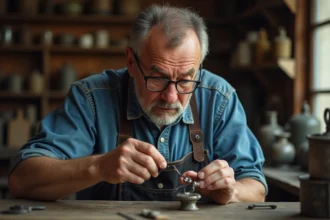 Artisan homme examine une cuillère en argent ancienne