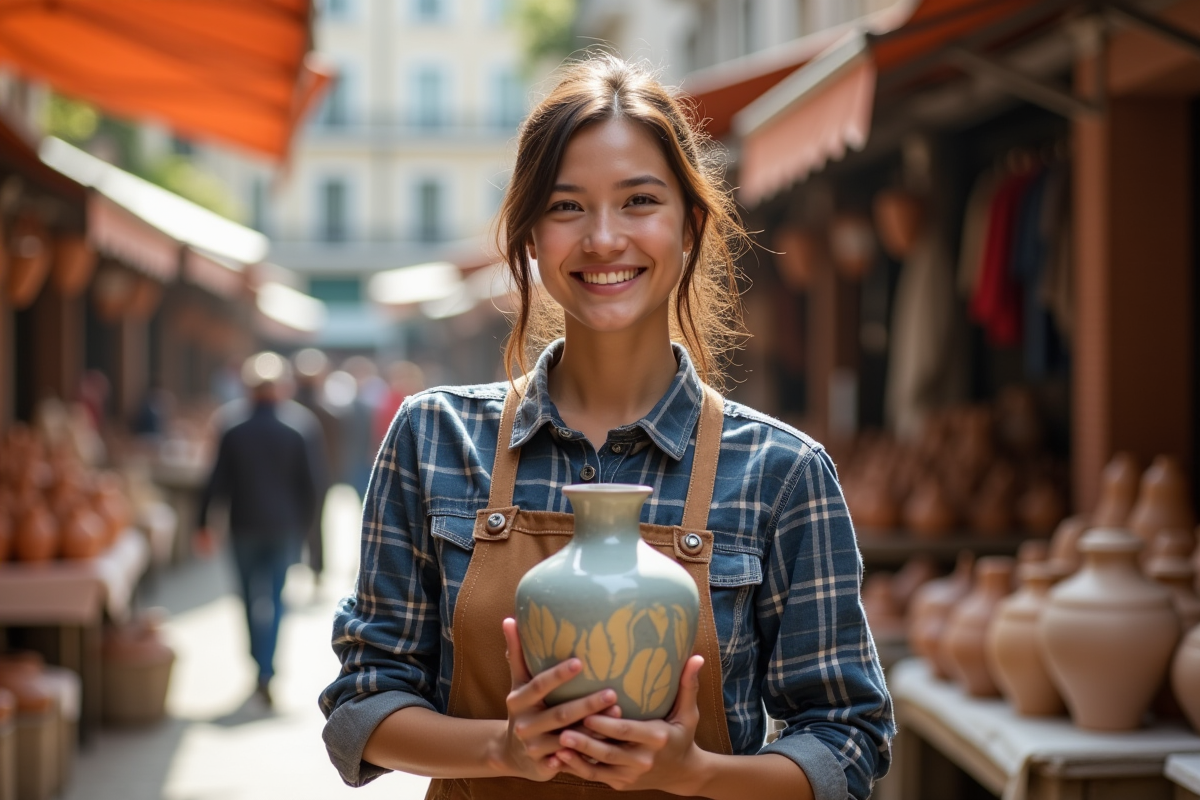 Jeune femme artisan présentant une vase en céramique dans un marché