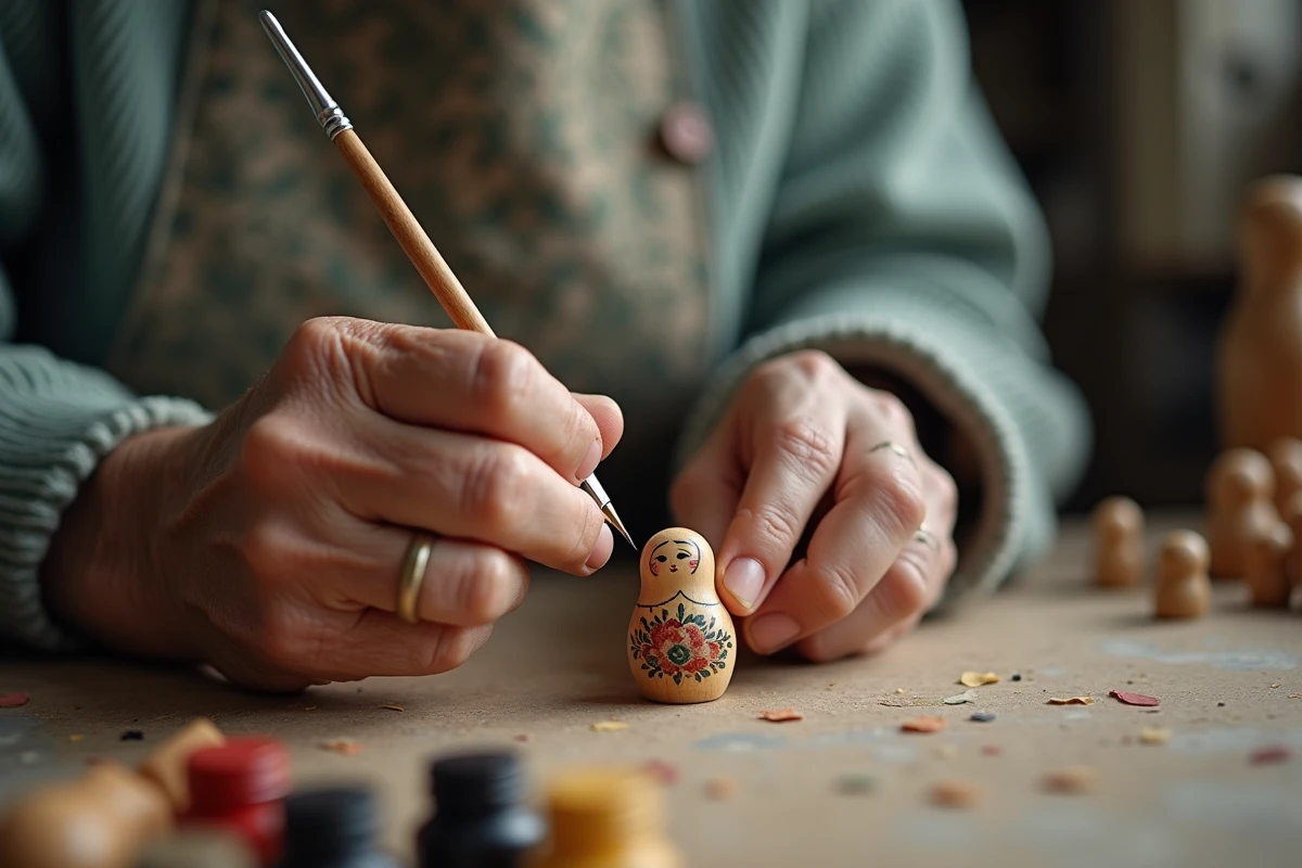 Artisane âgée peignant à la main une poupée matriochka en bois dans un atelier d'artisanat russe