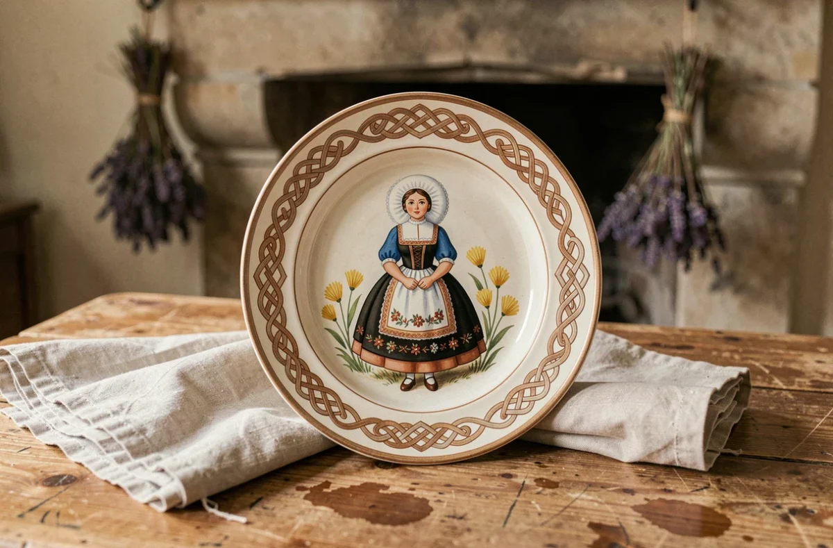 Assiette décorative rare Henriot Quimper peinte à la main avec personnage breton en costume traditionnel