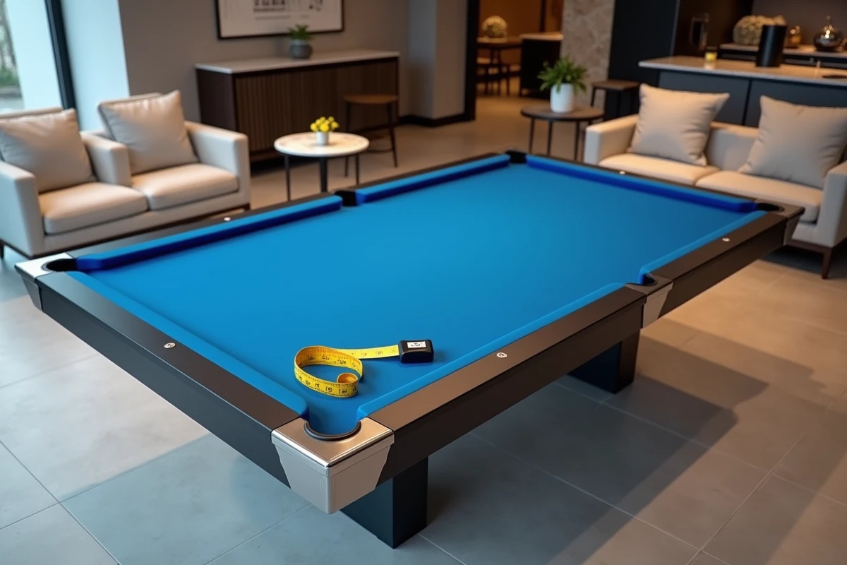 Billard américain haut de gamme en feutre bleu et cadre laqué noir dans un showroom de design intérieur