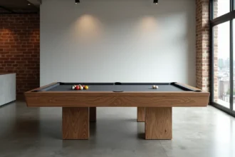 Table de billard américain en ardoise dans un salon moderne avec sol en béton et murs en brique apparente