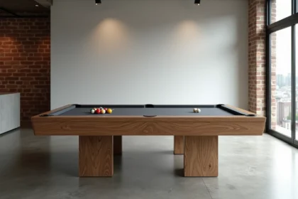 Table de billard américain en ardoise dans un salon moderne avec sol en béton et murs en brique apparente