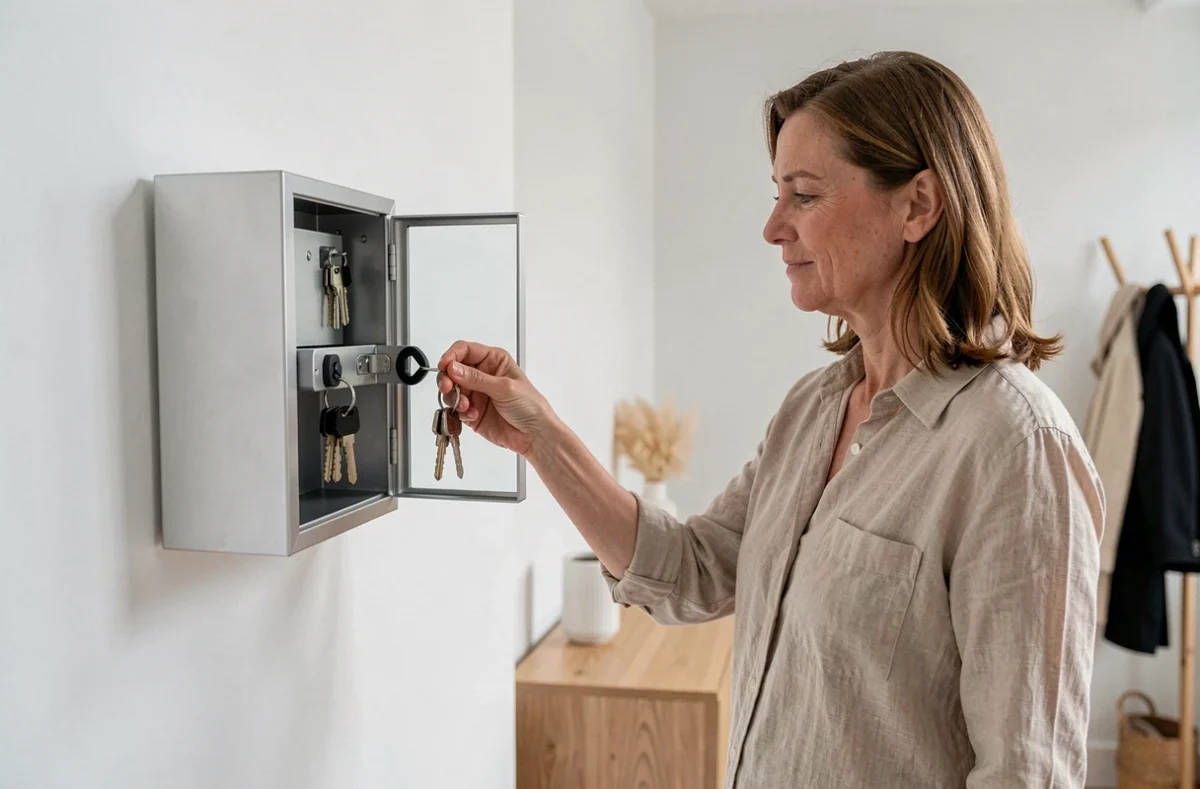 Femme récupérant ses clés dans une boîte à clés à code fixée sur un mur intérieur blanc dans un couloir moderne