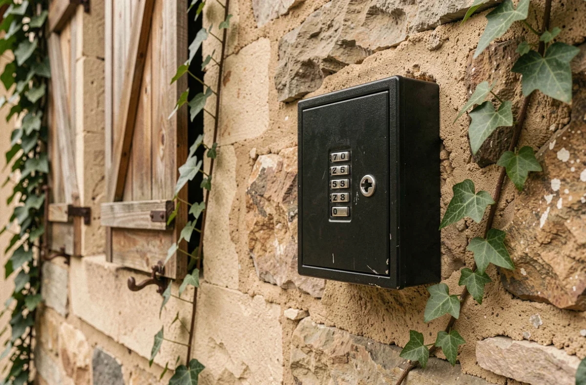 Boîte à clés murale noire avec code installée sur un mur en pierre d'une maison de location de vacances, entourée de lierre