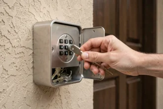 Boîte à clés murale avec code installée près d'une porte d'entrée en bois, main entrant le code sur le cadran numérique