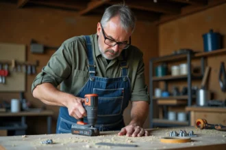 Bricoleur utilisant une perceuse sans fil Erbauer dans un atelier de garage fait maison