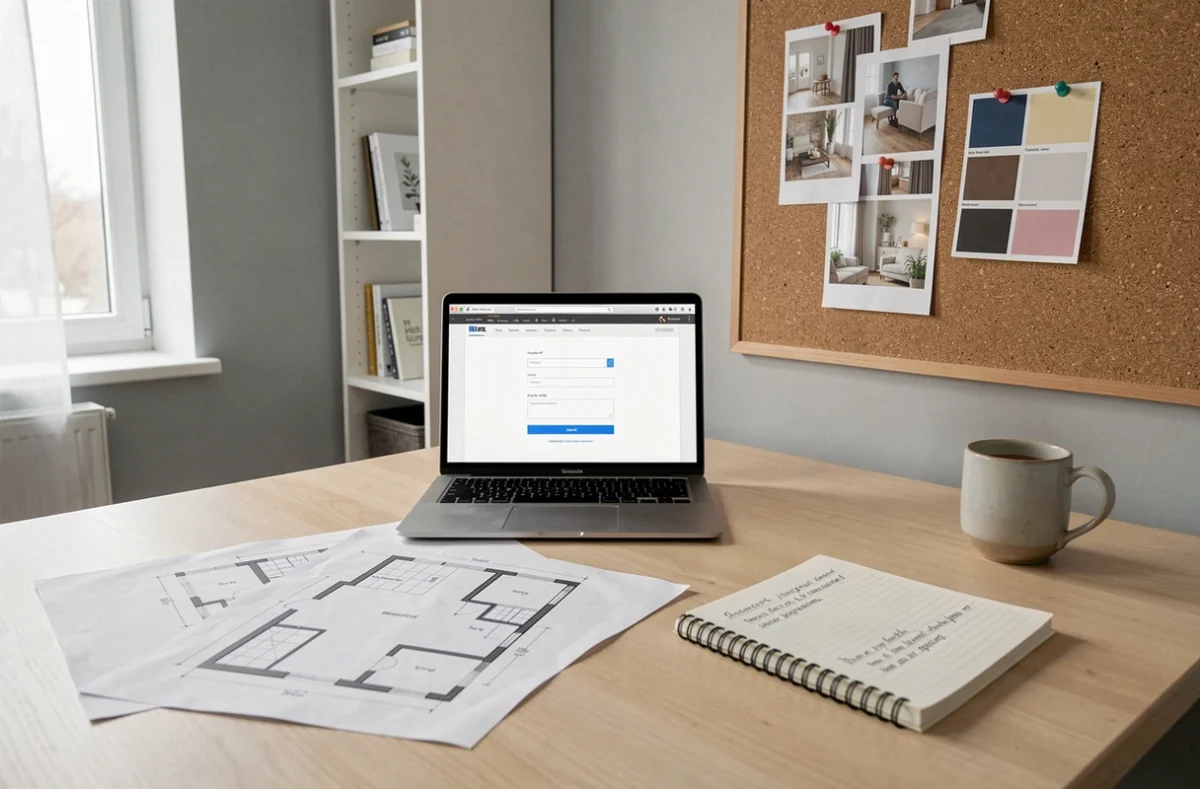 Bureau à domicile organisé avec plan de sol, nuancier de couleurs et ordinateur ouvert sur un formulaire de devis décoration en ligne