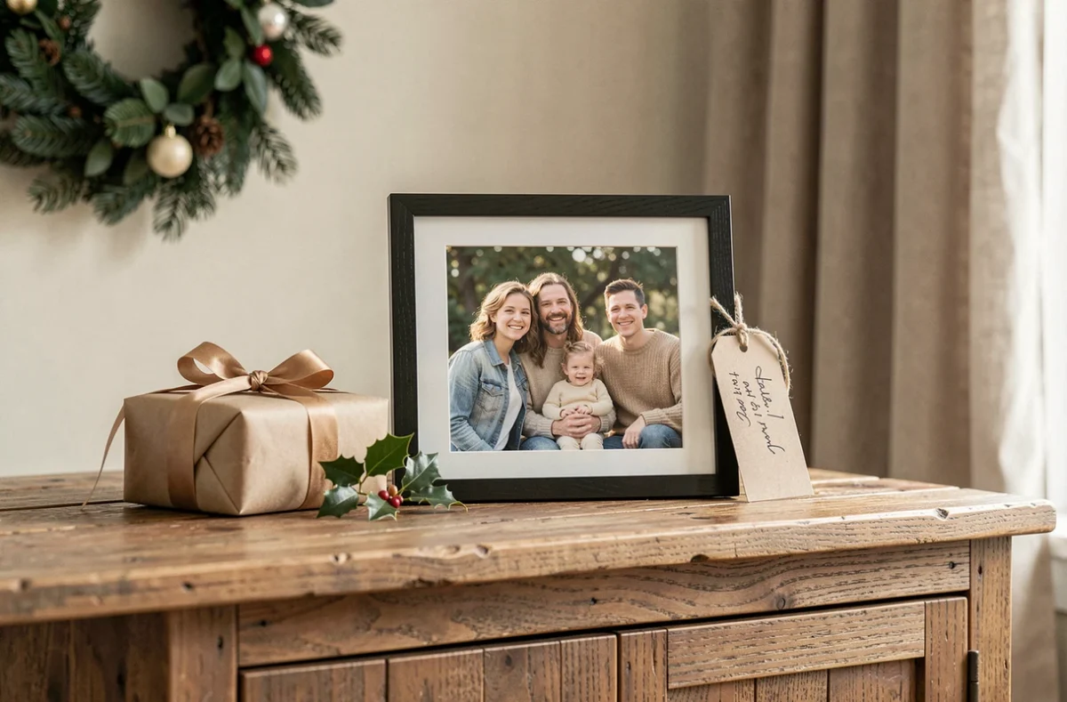 Cadre photo connecté posé sur un meuble en bois entouré de décorations de Noël et d'un cadeau emballé