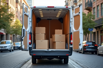 Camion de déménagement de 12m3 garé en ville avec chargement