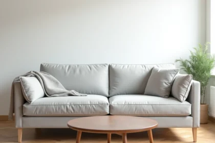 Canapé gris en tissu ferme dans un salon Airbnb au style scandinave avec parquet en chêne clair