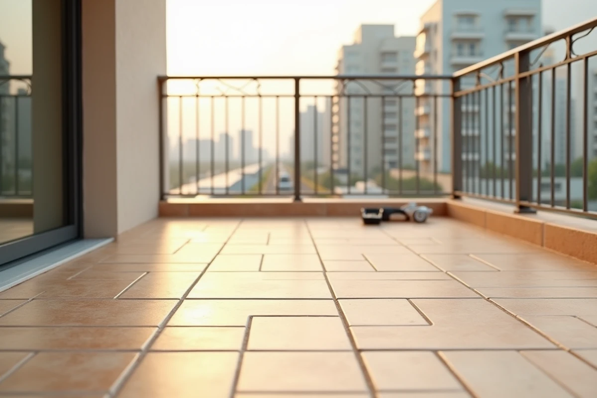 Carrelage antidérapant en céramique beige fraîchement posé sur un balcon d'appartement moderne