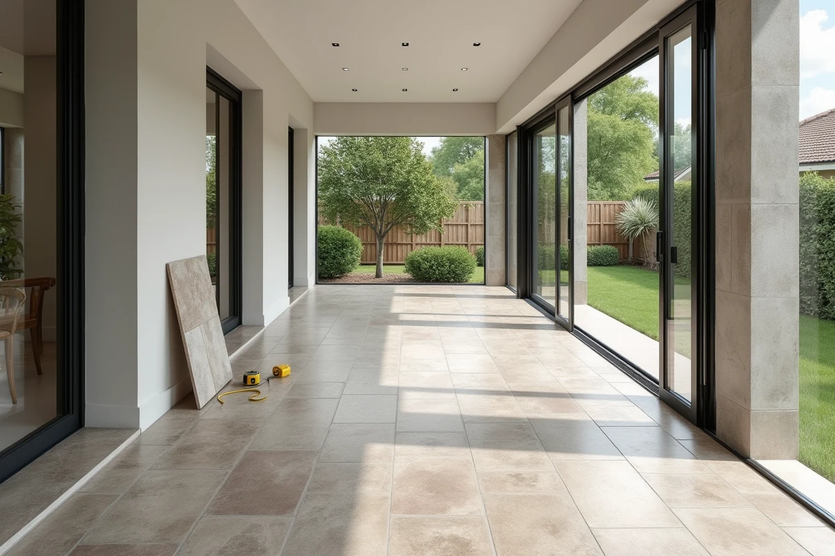 Loggia rénovée avec carrelage en grès effet pierre posé en chevron, vue intérieure vers le jardin