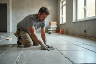 Carreleur professionnel posant des carreaux en grès cérame sur un chantier neuf, avec colle et croisillons visibles