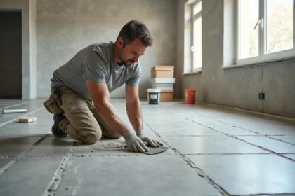 Carreleur professionnel posant des carreaux en grès cérame sur un chantier neuf, avec colle et croisillons visibles
