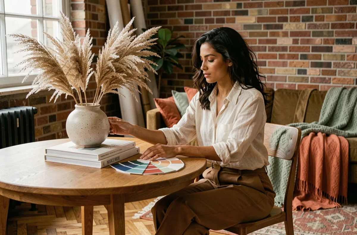 Célia Larrégola, décoratrice d'intérieur à Toulouse, arrangeant des éléments de décoration dans un appartement chaleureux