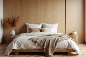 Chambre adulte cocooning avec papier peint imitation bois chaud, linge de lit en lin et parquet naturel