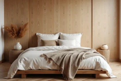 Chambre adulte cocooning avec papier peint imitation bois chaud, linge de lit en lin et parquet naturel