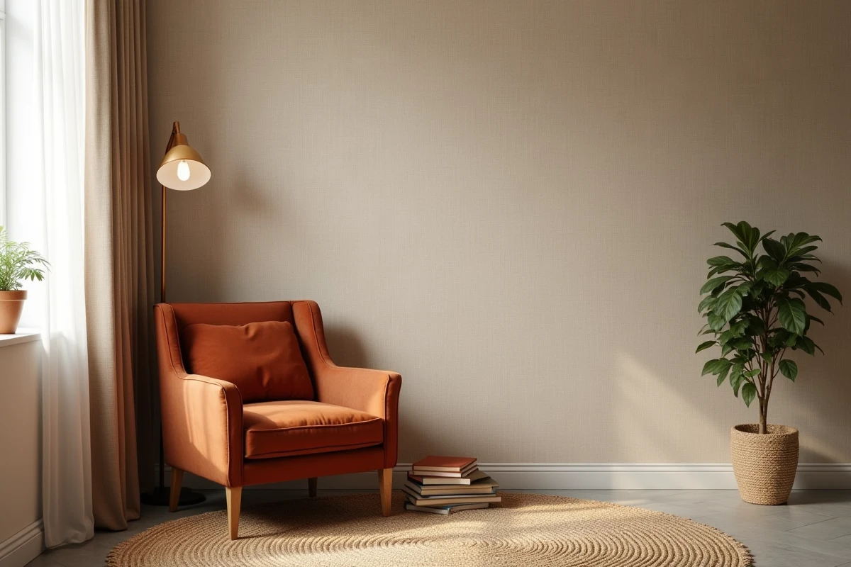 Coin lecture chambre adulte avec papier peint texture lin naturel et fauteuil en velours terracotta