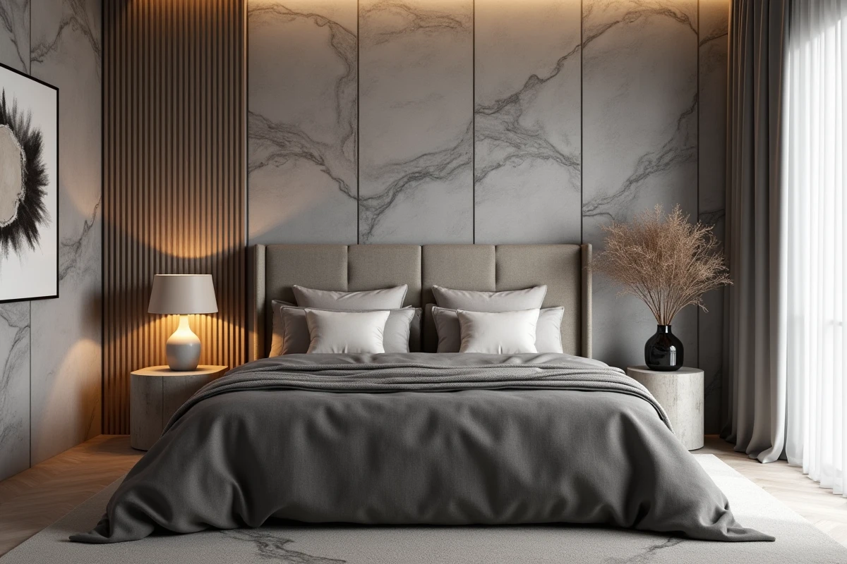 Chambre adulte zen avec papier peint imitation pierre naturelle et tête de lit en bouclé gris anthracite
