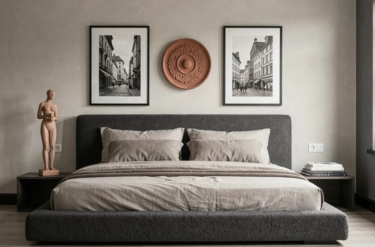 Chambre moderne avec mur galerie, médaillon mural en terre cuite et statuette céramique sur table de chevet