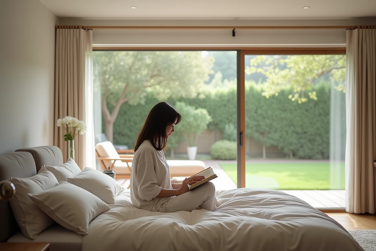 Chambre principale calme et fonctionnelle dans une maison familiale en L avec vue jardin