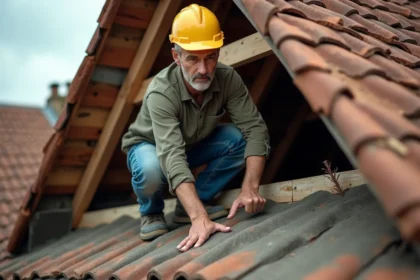 Charpentier inspectant la structure en bois d'une charpente de toiture sur une maison française, évaluation avant travaux de renforcement ou remplacement