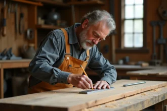 Charpentier mesurant une planche de chêne dans un atelier de menuiserie pour fabriquer des volets en bois
