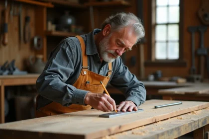 Charpentier mesurant une planche de chêne dans un atelier de menuiserie pour fabriquer des volets en bois