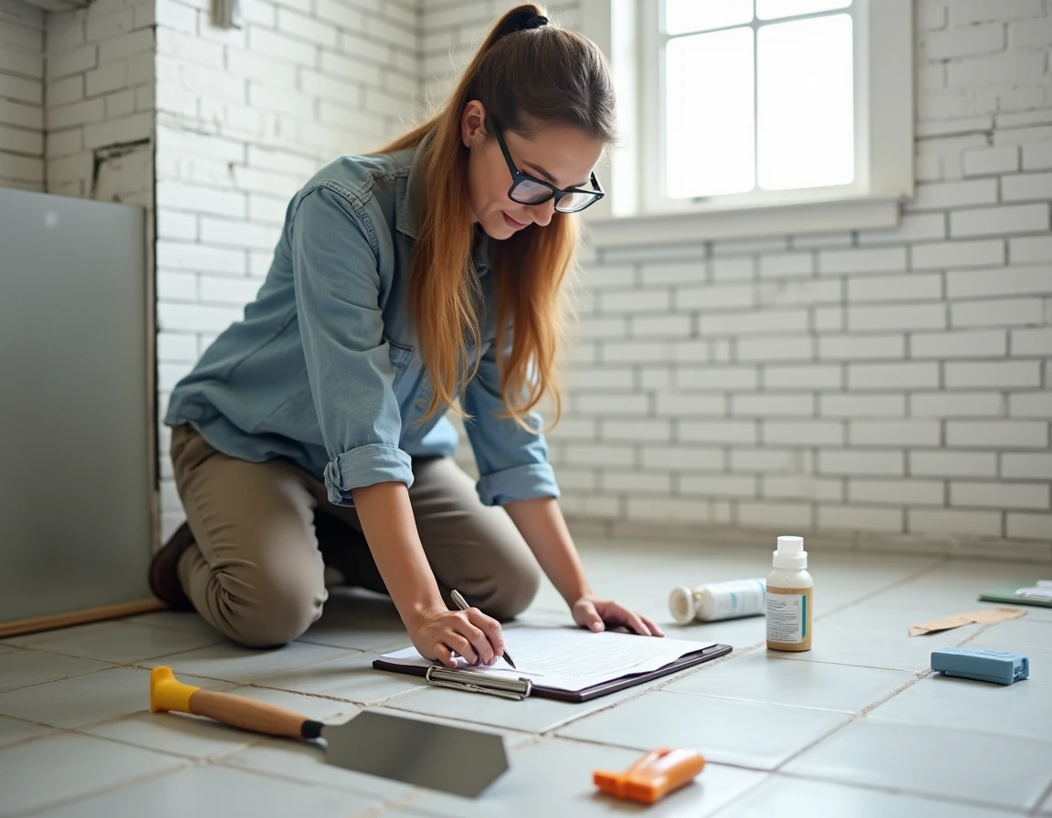 Femme consultant une check-list de pose de carrelage avec joint de dilatation et outils de carrelage sur le sol d'une salle de bain en rénovation