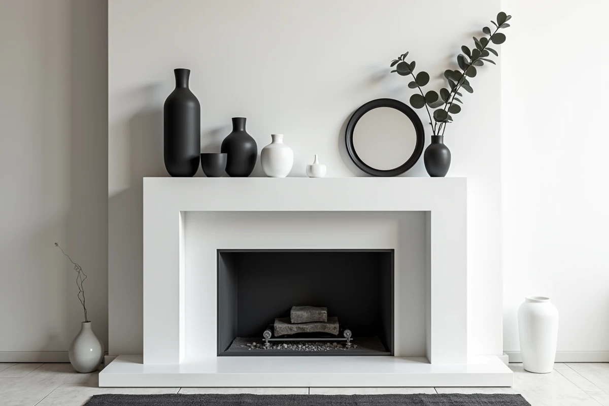 Cheminée décorative dans un salon noir et blanc avec vases en céramique et miroir en métal noir