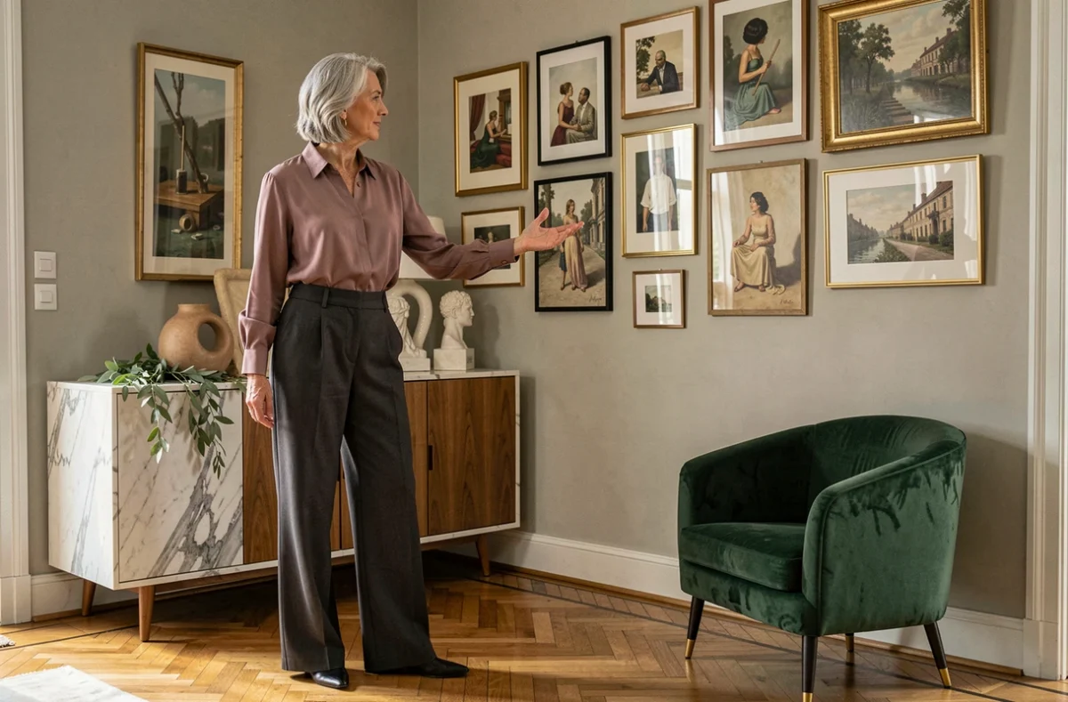 Christine Clavere, décoratrice d'intérieur à Toulouse, dans un appartement décoré avec galerie de tableaux et mobilier élégant