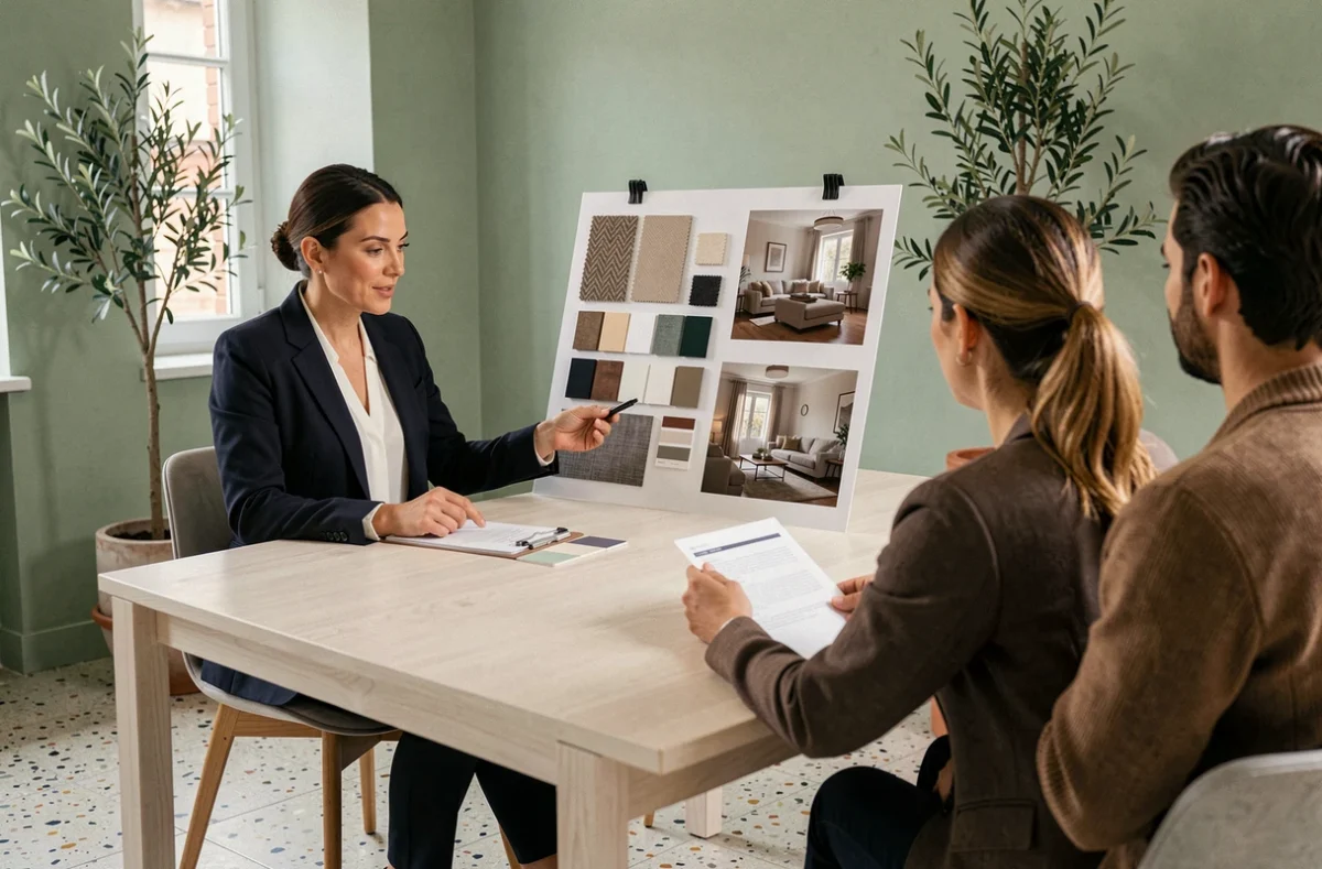 Architecte d'intérieur et décoratrice Cindy Petitprez en consultation client à Toulouse avec tableau de matières