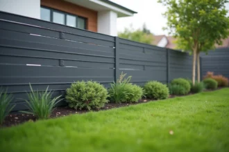 Clôture design Terrasto en composite gris anthracite installée dans un jardin moderne avec pelouse et arbustes décoratifs