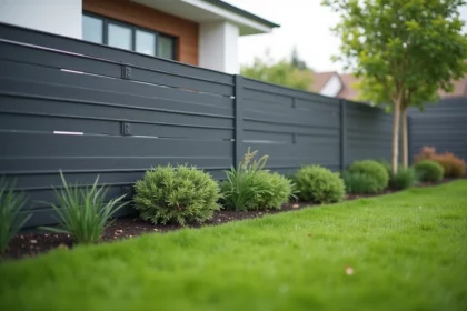 Clôture design Terrasto en composite gris anthracite installée dans un jardin moderne avec pelouse et arbustes décoratifs