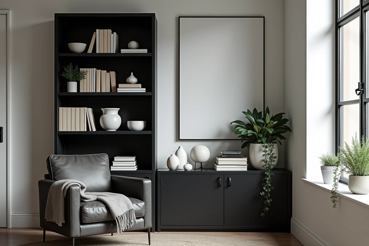 Coin lecture salon noir et blanc avec bibliothèque matte noire, fauteuil en cuir anthracite et plantes vertes