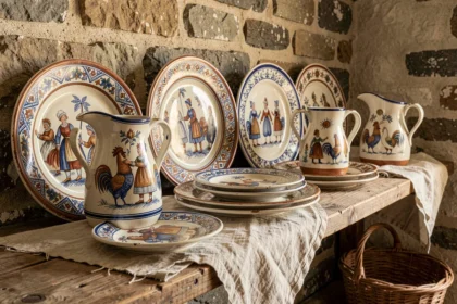 Collection de faïences anciennes Henriot Quimper avec décors bretons traditionnels sur une étagère en chêne rustique