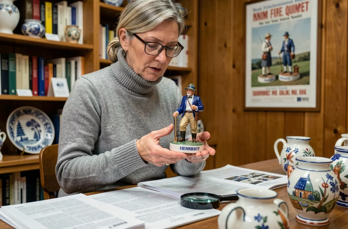 Collectionneuse examinant une figurine en faïence Henriot Quimper lors d'une expertise de pièces rares