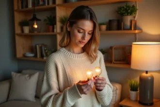 Femme comparant deux petites ampoules à culot dans un salon chaleureux avec une lampe de table allumée