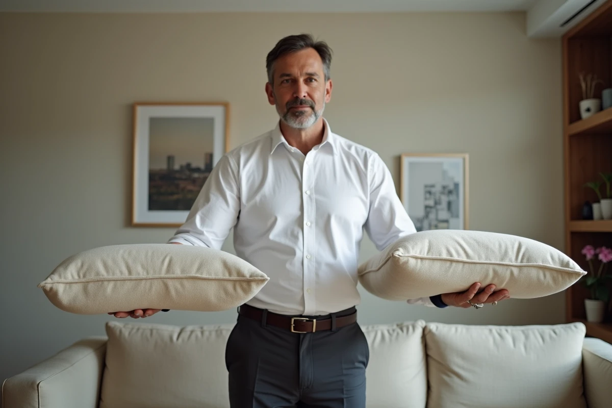 Gestionnaire de location comparant deux coussins de canapé de densités différentes dans un appartement meublé